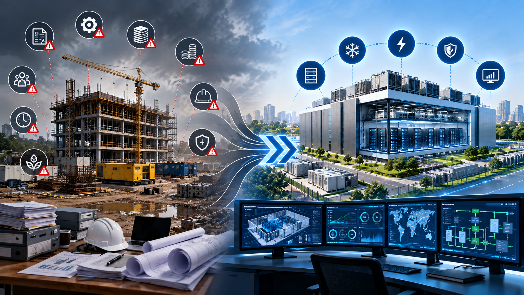 Integrated data centre project delivery showing interface risks, coordinated infrastructure and unified operational monitoring.