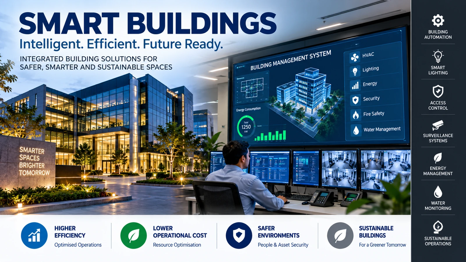 Smart buildings technical infographic.